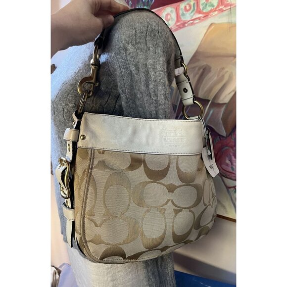 Coach Zoe 12657 Shoulder Bag Khaki/White Signature Canvas Leather Trim Gold-Tone - Picture 10 of 10